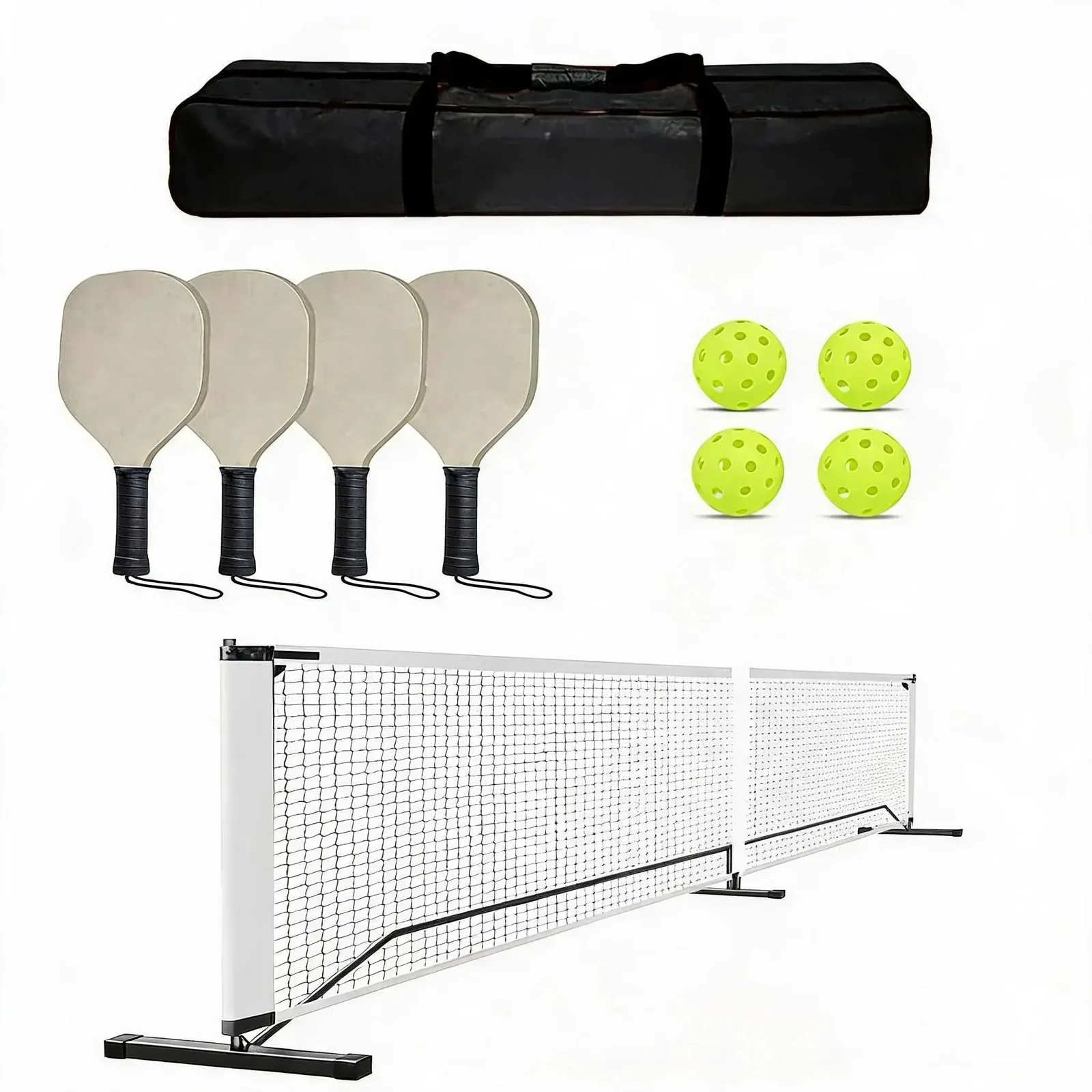 Filet de pickleball portable + 4 raquettes bois